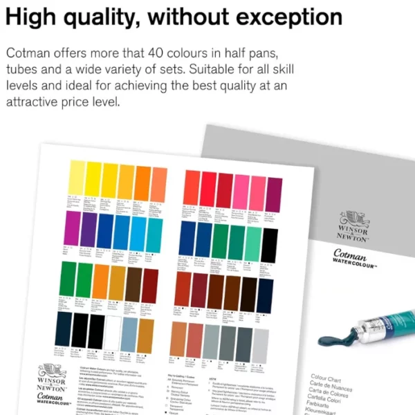 A promotional image for Winsor and Newton Cotman Watercolour Paints. A piece of paper with colour swatches of the range is shown at the bottom of the frame. There is black text at the top of the frame, describing the high quality of the paints. On a white background.