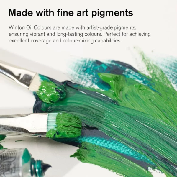 A promotional image for Winsor and Newton Winton Oil Paints. There are two brushes seen coming in from the left hand side of the frame and they are spreading green paint across a canvas. It is a close up and the image is cut off by the frame. There is text at the top of the frame, describing the fine pigments which are used in the paint. On a white background.