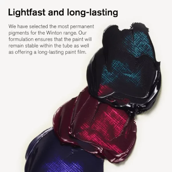 A promotional image for Winsor and Newton Winton Oil Paints. There are three blobs of blue, red and green paint shown diagonally in the frame, next to each other. There is text at the top of the frame describing the long lasting lightfast quality of Winton paints. On a white background.