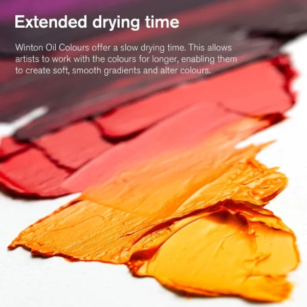 A promotional image for Winsor and Newton Winton Oil Paints. There is red and orange paint on a canvas that has been applied with a palette knife and is quite textural. There is text at the top of the frame that describes the drying time of the paints.