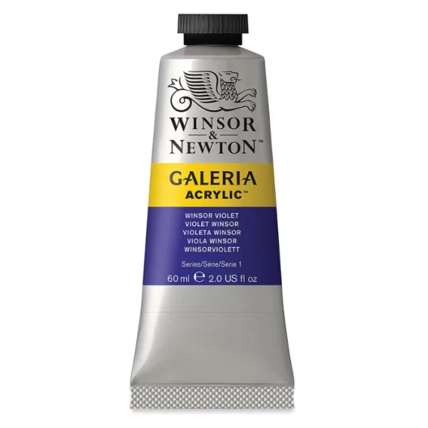 A single tube of Winsor Violet Winsor and Newton Galeria Acrylic Paint 60ml is shown in the center of the frame, standing vertically. The tube is a silver colour and has a black, screw on, plastic lid. The Winsor and Newton logo is printed at the top of the tube and there is a yellow band across the tube, under the logo, with the words, 'Galeria Acrylic'. There is a band of colour below that which denotes the colour of the paint in the tube. There is text on this colour band, describing the colour and paint properties. The image is center of the frame and on a white background.