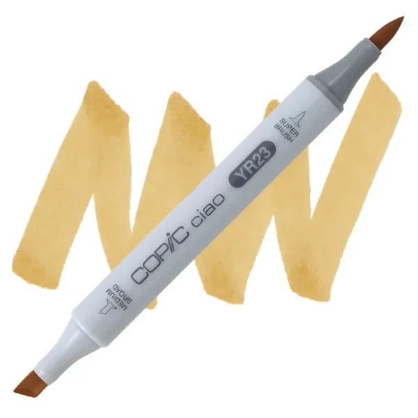 in the center of the image is a single copic marker that is sitting diagonally across the image. from left to right. it has a grey body and both caps are off showing the two different nibs, one brush at the top and the chisel tip at the bottom. it is sitting infront of a squiggle of the same colour as the marker on a white background