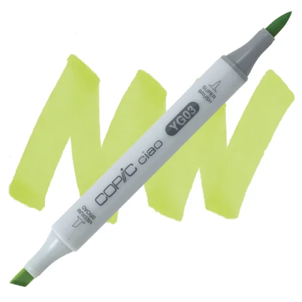 in the center of the image is a single copic marker that is sitting diagonally across the image. from left to right. it has a grey body and both caps are off showing the two different nibs, one brush at the top and the chisel tip at the bottom. it is sitting infront of a squiggle of the same colour as the marker on a white background