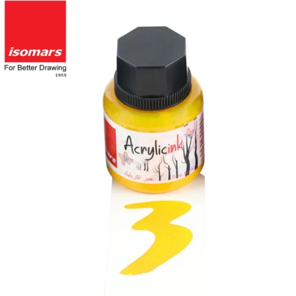 A single bottle of Yellow Isomars Acrylic Ink 30ml is shown at the top of the frame. There is a colour swatch below the bottle, to indicate the colour of the ink. The bottle is a clear plastic so you can see the colour of the ink inside. It has a black, plastic, screw on lid and a printed label around the body of the bottle. The label has the product name and details printed on it. The Isomars logo is printed in the top left hand corner of the frame. On a white background.