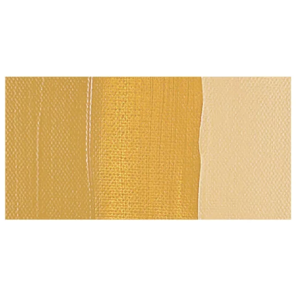 A colour swatch of a tube of Yellow Ochre Amsterdam Acrylic Paint. The swatch is on a horizontal rectangle across the center of the frame. The swatch shows the colour in different gradient's. On a white background.