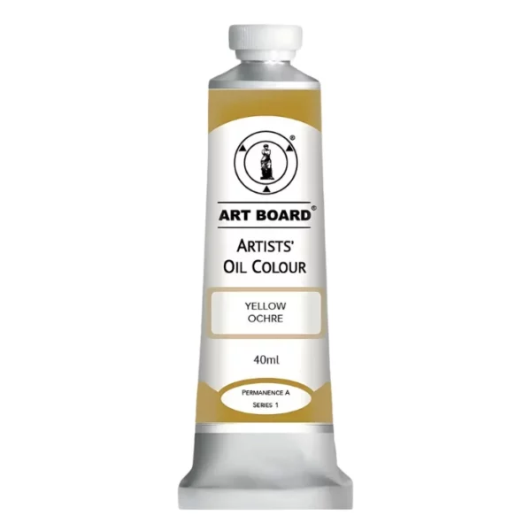 A tube of Yellow Ochre Artboard Oil Paint 40ml is shown standing vertically in the center of the frame. The tube is silver and has a label around the body of the tube. Parts of the label are coloured, to denote the colour of the paint inside the tube. The artboard logo and name are printed at the top of the label and the colour and product details are printed below. The tube has a white plastic, screw on lid. On a white background.