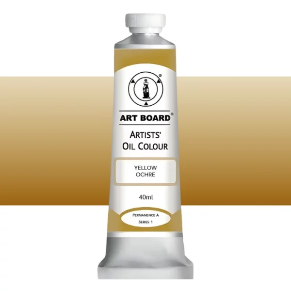 A tube of Yellow Ochre Artboard Oil Paint 40ml is shown standing vertically in the center of the frame. The tube is silver and has a label around the body of the tube. Parts of the label are coloured, to denote the colour of the paint inside the tube. The artboard logo and name are printed at the top of the label and the colour and product details are printed below. The tube has a white plastic, screw on lid. A graded horizontal rectangle is seen in the background, this denotes the colour of the paint inside the tube. On a white background.