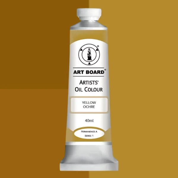 A tube of Yellow Ochre Artboard Oil Paint 40ml is shown standing vertically in the center of the frame. The tube is silver and has a label around the body of the tube. Parts of the label are coloured, to denote the colour of the paint inside the tube. The artboard logo and name are printed at the top of the label and the colour and product details are printed below. The tube has a white plastic, screw on lid. Different shades of the paint colour are shown in the background in blocks, behind the tube.