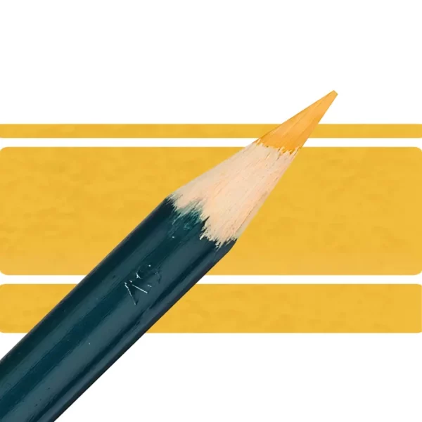 a derwent artists coloured pencil is seen in a close up ciming in from the left habd corner of the image. the tip is facing the right hand side top of the image. in a horizontal line. it has a green hamdle and a wooden end with the coloured tip. there are three horizontal stripes behind it that are the same colour as the nib of the pencil. on a white background