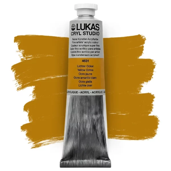 A single tube of Yellow Ochre Lukas Cryl STUDIO Acrylics 75ml is shown in the center of the frame, standing vertically. The tube is silver and has a colour band around the body of the tube that denotes the colour of the paint inside. The Lukas name and logo is printed at the top of the tube and there is black text below the logo that describes the paint. The tube has a white plastic, screw on lid. There is a paint swatch in the background that indicates the colour of the paint inside the tube. The image is center of the frame and on a white background.