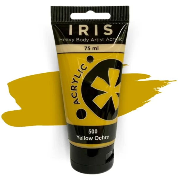 A single tube of Yellow Ochre Prime Art Iris Acrylic Paint 75ml is shown in the frame. The tube is a clear plastic with a black printed band at the top of each tube that has the Prime Art Iris Logo printed on it. The tube has a black flip cap that the tube stands on. You can see the colour of the paint through the tube. On a white background.