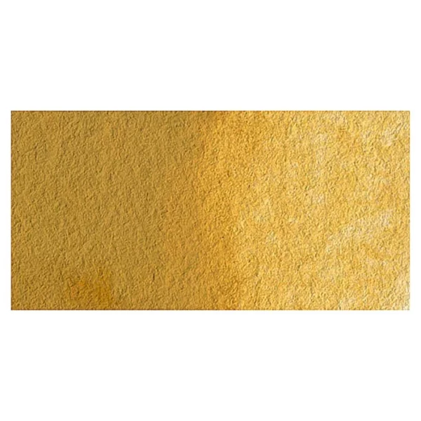 A rectangular colour swatch of Yellow Ochre Winsor and Newton Cotman Watercolour Paint is shown across the center of the frame. The colour swatch shows the tube colour in three gradients from left to right. On a white background.