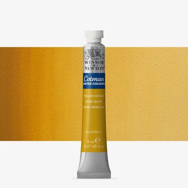 A single Yellow Ochre Winsor and Newton Cotman Watercolour 8ml Tube is shown vertically in the center of the frame. The tube is silver and the Winsor and Newton logo is printed at the top of the tube. There is a blue band below the logo and the words 'Cotman Watercolour' are printed on the blue band in white. Then there is a large colour band around the base of the tube that denotes the colour of the paint. The tube colour and paint properties are indicated on this colour band in black text. The tube has a white, plastic screw on cap. There is a rectangular colour swatch behind the tube that shows how the colour works on a gradient scale. The entire image is center of the frame and on a white background.