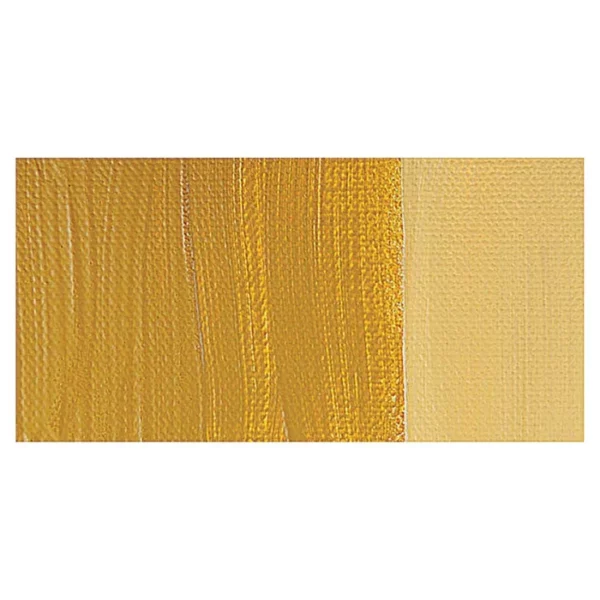 A rectangular colour swatch of Yellow Ochre Winsor and Newton Galeria Acrylic Paint is shown across the center of the frame. The colour swatch shows the tube colour in three gradients from left to right. On a white background.