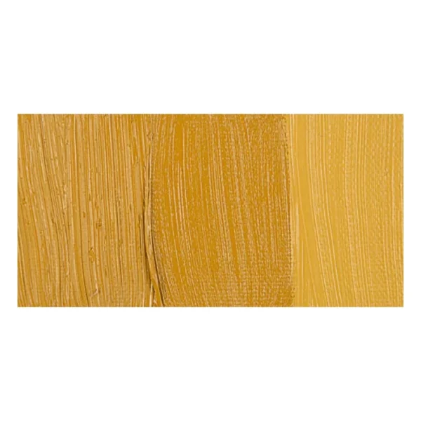 A rectangular colour swatch of Yellow Ochre Winsor and Newton Winton Oil Paint is shown across the center of the frame. The colour swatch shows the tube colour in three gradients from left to right. On a white background.