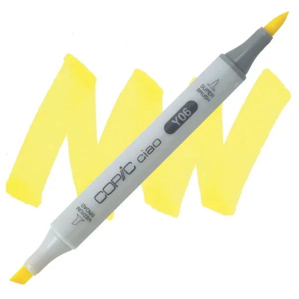 in the center of the image is a single copic marker that is sitting diagonally across the image. from left to right. it has a grey body and both caps are off showing the two different nibs, one brush at the top and the chisel tip at the bottom. it is sitting infront of a squiggle of the same colour as the marker on a white background