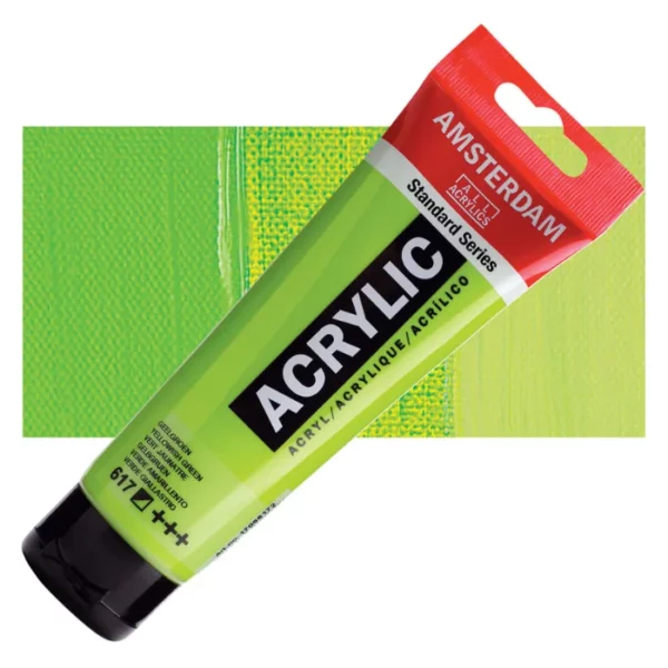 A single tube of Yellowish Green Amsterdam Acrylic Paint 120ml is shown diagonally across the center of the frame. The tube is made of a clear plastic and has a red band at the end of the tube with a hole so it can hang. The tube has a black, plastic flip top cap, that the bottle stands on. There is black text on the body of the tube describing the product colour and details. The colour of the paint can be seen through the tube. There is a rectangular colour swatch of the paint, behind the tube. The swatch shows the colour in different gradient's. The image is center of the frame and on a white background.