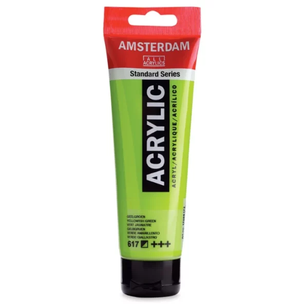 A single tube of Yellowish Green Amsterdam Acrylic Paint 120ml is standing vertically in the center of the frame. The tube is made of a clear plastic and has a red band at the end of the tube with a hole so it can hang. The tube has a black, plastic flip top cap, that the bottle stands on. There is black text on the body of the tube describing the product colour and details. The colour of the paint can be seen through the tube. On a white background.