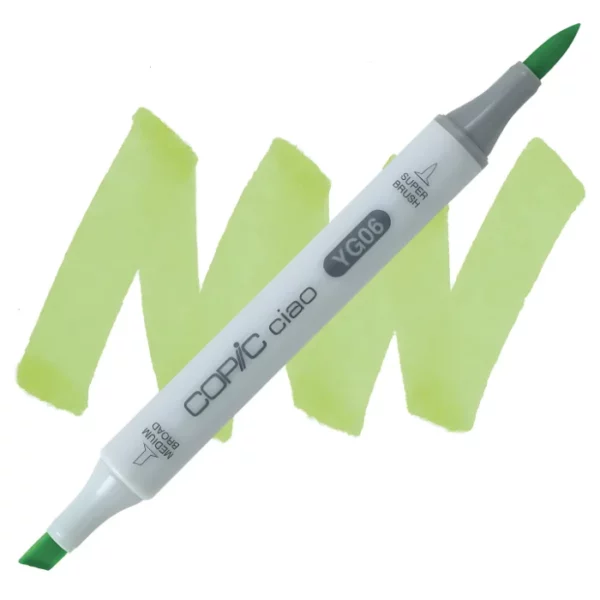 in the center of the image is a single copic marker that is sitting diagonally across the image. from left to right. it has a grey body and both caps are off showing the two different nibs, one brush at the top and the chisel tip at the bottom. it is sitting infront of a squiggle of the same colour as the marker on a white background