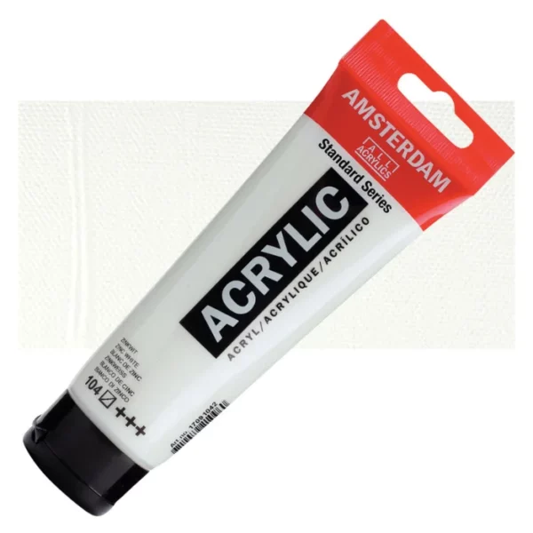 A single tube of Zinc White Amsterdam Acrylic Paint 120ml is shown diagonally across the center of the frame. The tube is made of a clear plastic and has a red band at the end of the tube with a hole so it can hang. The tube has a black, plastic flip top cap, that the bottle stands on. There is black text on the body of the tube describing the product colour and details. The colour of the paint can be seen through the tube. There is a rectangular colour swatch of the paint, behind the tube. The swatch shows the colour in different gradient's. The image is center of the frame and on a white background.