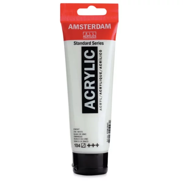 A single tube of Zinc White Amsterdam Acrylic Paint 120ml is standing vertically in the center of the frame. The tube is made of a clear plastic and has a red band at the end of the tube with a hole so it can hang. The tube has a black, plastic flip top cap, that the bottle stands on. There is black text on the body of the tube describing the product colour and details. The colour of the paint can be seen through the tube. On a white background.