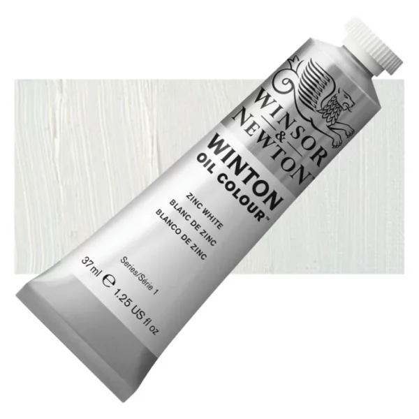 A tube of Zinc White Winsor and Newton Winton Oil Paint 37ml is shown diagonally, across the center of the frame. The tube is a silver colour and has a white screw on, plastic lid. The Winsor and Newton logo is printed at the top of the tube and there is a white band printed across the tube, below the logo, that has the words 'Winton Oil Colour' written on it. Below that is a colour band printed across the tube that has black text describing the product colour and paint properties. There is a rectangular colour swatch behind the tube that shows the colour of the paint. It lays horizontally across the top third of the frame. The image is center of the frame and on a white background.