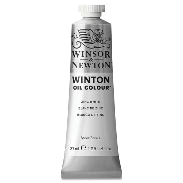 A single tube of Zinc White Winsor and Newton Winton Oil Paint 37ml is shown in the center of the frame, standing vertically. The tube is a silver colour and has a white screw on, plastic lid. The Winsor and Newton logo is printed at the top of the tube and there is a white band across the tube, under the logo, with the words, 'Winton Oil Colour'. There is a band of colour below that which denotes the colour of the paint in the tube. There is text on this colour band, describing the colour and paint properties. The image is center of the frame and on a white background.