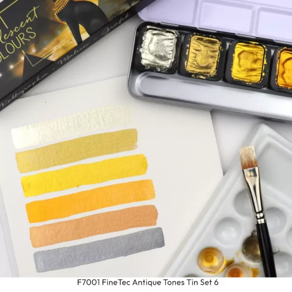 Cat FineTec Pearlescent Antique Tones Watercolour Set in use with colour swatch