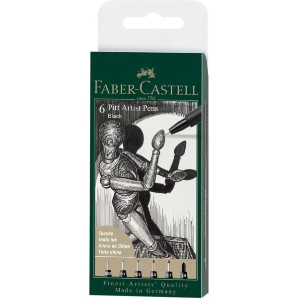 Faber Castell Pitt Artist Pen Set Black - wallet of 6 in packaging