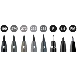 Faber Castell Pitt Artist Pen Set Black & Grey - wallet of 8 Close up of Nib sizes
