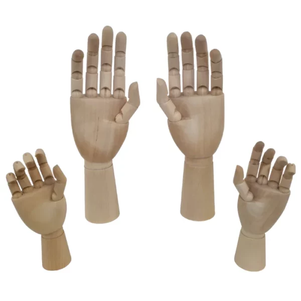 There are four wooden, jointed Prime Art Hand Manikins shown in the frame. The are all striking a different pose. The two hands on either side of the frame, are smaller, child hands, and the hands in the center are adult hands. On a white background.