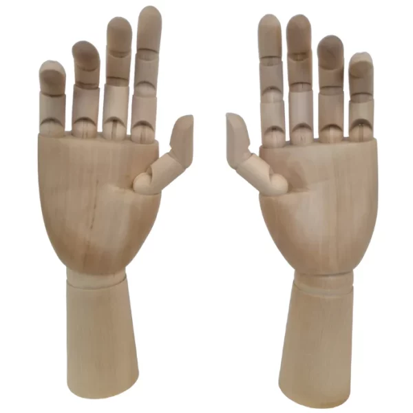 There are two Prime Art Hand Manikins shown in the frame. A left hand, and a right hand. They are wooden, jointed manikins. On a white background.