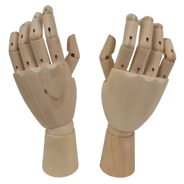 There are two Prime Art Hand Manikins shown in the frame. A left hand, and a right hand. They are wooden, jointed manikins. On a white background.