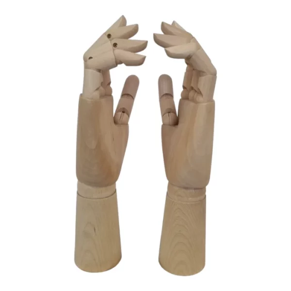 There are two Prime Art Hand Manikins shown in the frame. A left hand, and a right hand. They are wooden, jointed manikins. On a white background.