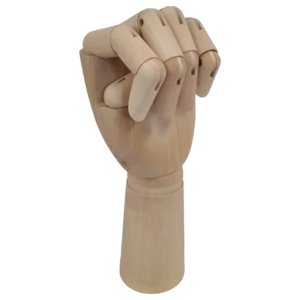 A single Prime Art Hand Manikin is shown in the center of the frame, making a fist. The manikin is a wooden jointed hand on a white background.