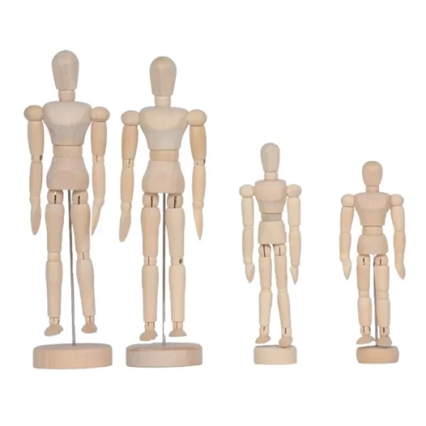 There are 4 wooden Prime Art Manikins in the frame. The two along the left hand side of the frame are much larger than the two on the right hand side of the frame. They are all facing frontwards and are all jointed. On a white background.