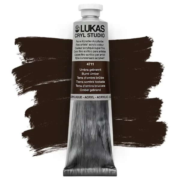 A single tube of Burnt Umber Lukas Cryl STUDIO Acrylics 75ml is shown in the center of the frame, standing vertically. The tube is silver and has a colour band around the body of the tube that denotes the colour of the paint inside. The Lukas name and logo is printed at the top of the tube and there is black text below the logo that describes the paint. The tube has a white plastic, screw on lid. There is a paint swatch in the background that indicates the colour of the paint inside the tube. The image is center of the frame and on a white background.