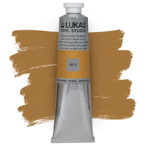 A single tube of Copper Lukas Cryl STUDIO Acrylics 75ml is shown in the center of the frame, standing vertically. The tube is silver and has a colour band around the body of the tube that denotes the colour of the paint inside. The Lukas name and logo is printed at the top of the tube and there is black text below the logo that describes the paint. The tube has a white plastic, screw on lid. There is a paint swatch in the background that indicates the colour of the paint inside the tube. The image is center of the frame and on a white background.