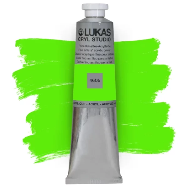 A single tube of Fluorescent Green Lukas Cryl STUDIO Acrylics 75ml is shown in the center of the frame, standing vertically. The tube is silver and has a colour band around the body of the tube that denotes the colour of the paint inside. The Lukas name and logo is printed at the top of the tube and there is black text below the logo that describes the paint. The tube has a white plastic, screw on lid. There is a paint swatch in the background that indicates the colour of the paint inside the tube. The image is center of the frame and on a white background.