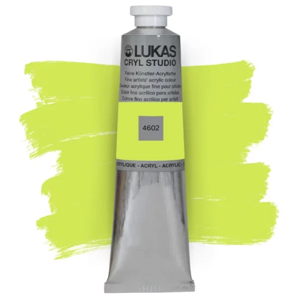 A single tube of Fluorescent Lemon Yellow Lukas Cryl STUDIO Acrylics 75ml is shown in the center of the frame, standing vertically. The tube is silver and has a colour band around the body of the tube that denotes the colour of the paint inside. The Lukas name and logo is printed at the top of the tube and there is black text below the logo that describes the paint. The tube has a white plastic, screw on lid. There is a paint swatch in the background that indicates the colour of the paint inside the tube. The image is center of the frame and on a white background.