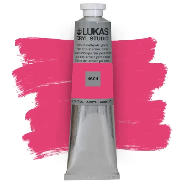 A single tube of Cryl Lukas Cryl STUDIO Acrylics 75ml is shown in the center of the frame, standing vertically. The tube is silver and has a colour band around the body of the tube that denotes the colour of the paint inside. The Lukas name and logo is printed at the top of the tube and there is black text below the logo that describes the paint. The tube has a white plastic, screw on lid. There is a paint swatch in the background that indicates the colour of the paint inside the tube. The image is center of the frame and on a white background.