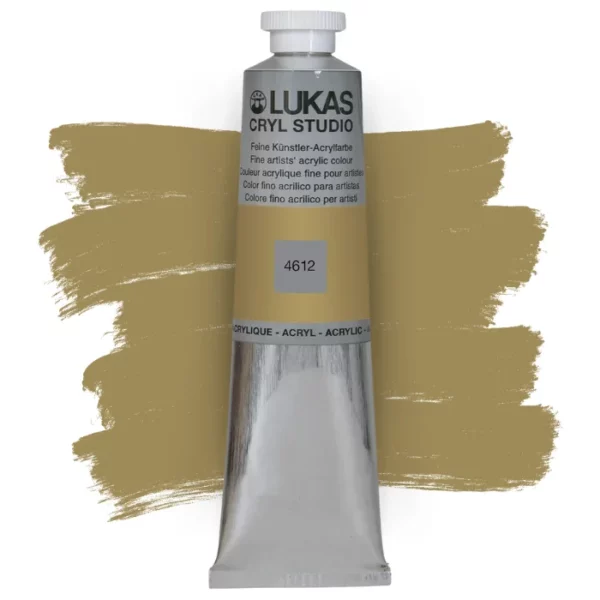 A single tube of Gold Lukas Cryl STUDIO Acrylics 75ml is shown in the center of the frame, standing vertically. The tube is silver and has a colour band around the body of the tube that denotes the colour of the paint inside. The Lukas name and logo is printed at the top of the tube and there is black text below the logo that describes the paint. The tube has a white plastic, screw on lid. There is a paint swatch in the background that indicates the colour of the paint inside the tube. The image is center of the frame and on a white background.