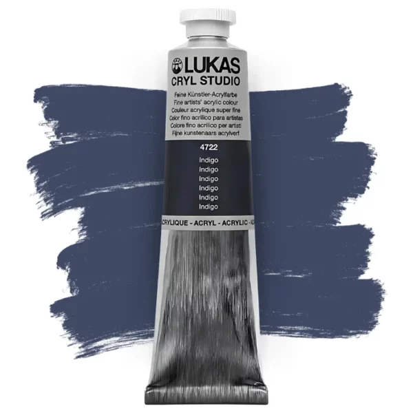 A single tube of Indigo Lukas Cryl STUDIO Acrylics 75ml is shown in the center of the frame, standing vertically. The tube is silver and has a colour band around the body of the tube that denotes the colour of the paint inside. The Lukas name and logo is printed at the top of the tube and there is black text below the logo that describes the paint. The tube has a white plastic, screw on lid. There is a paint swatch in the background that indicates the colour of the paint inside the tube. The image is center of the frame and on a white background.