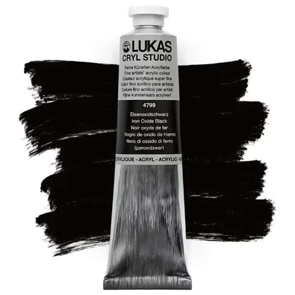 A single tube of Iron Oxide Black Lukas Cryl STUDIO Acrylics 75ml is shown in the center of the frame, standing vertically. The tube is silver and has a colour band around the body of the tube that denotes the colour of the paint inside. The Lukas name and logo is printed at the top of the tube and there is black text below the logo that describes the paint. The tube has a white plastic, screw on lid. There is a paint swatch in the background that indicates the colour of the paint inside the tube. The image is center of the frame and on a white background.