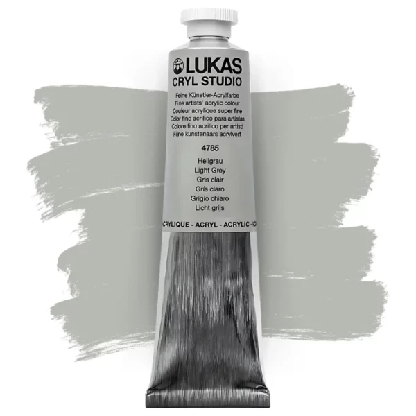 A single tube of Light Grey Lukas Cryl STUDIO Acrylics 75ml is shown in the center of the frame, standing vertically. The tube is silver and has a colour band around the body of the tube that denotes the colour of the paint inside. The Lukas name and logo is printed at the top of the tube and there is black text below the logo that describes the paint. The tube has a white plastic, screw on lid. There is a paint swatch in the background that indicates the colour of the paint inside the tube. The image is center of the frame and on a white background.