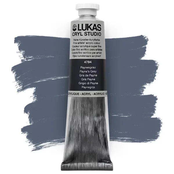 A single tube of Paynes Grey Lukas Cryl STUDIO Acrylics 75ml is shown in the center of the frame, standing vertically. The tube is silver and has a colour band around the body of the tube that denotes the colour of the paint inside. The Lukas name and logo is printed at the top of the tube and there is black text below the logo that describes the paint. The tube has a white plastic, screw on lid. There is a paint swatch in the background that indicates the colour of the paint inside the tube. The image is center of the frame and on a white background.