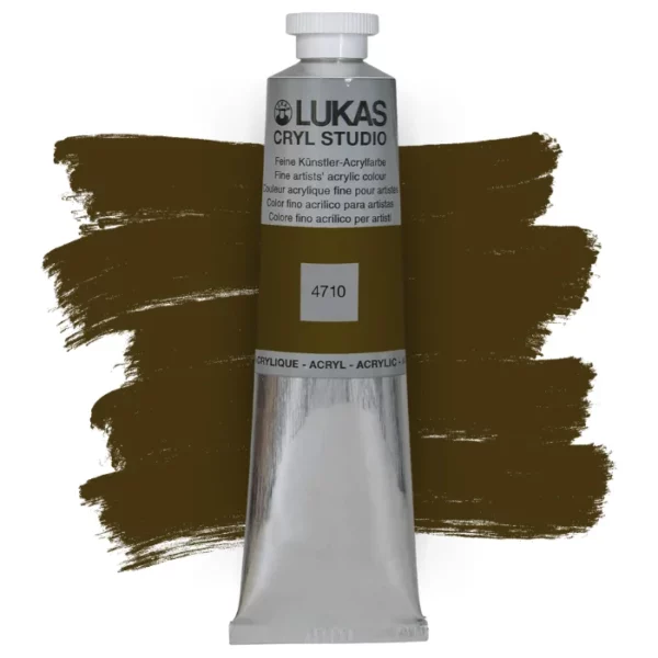 A single tube of Raw Umber Lukas Cryl STUDIO Acrylics 75ml is shown in the center of the frame, standing vertically. The tube is silver and has a colour band around the body of the tube that denotes the colour of the paint inside. The Lukas name and logo is printed at the top of the tube and there is black text below the logo that describes the paint. The tube has a white plastic, screw on lid. There is a paint swatch in the background that indicates the colour of the paint inside the tube. The image is center of the frame and on a white background.