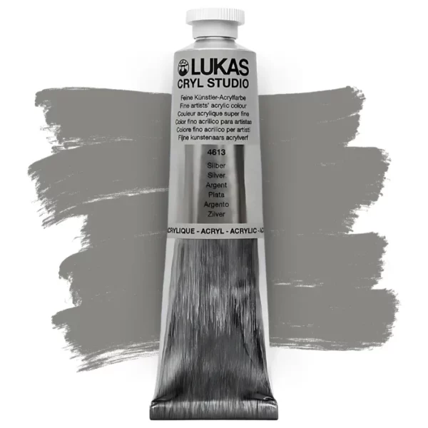 A single tube of Silver Lukas Cryl STUDIO Acrylics 75ml is shown in the center of the frame, standing vertically. The tube is silver and has a colour band around the body of the tube that denotes the colour of the paint inside. The Lukas name and logo is printed at the top of the tube and there is black text below the logo that describes the paint. The tube has a white plastic, screw on lid. There is a paint swatch in the background that indicates the colour of the paint inside the tube. The image is center of the frame and on a white background.