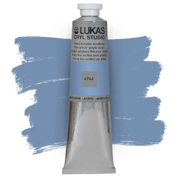 A single tube of Steel Blue Lukas Cryl STUDIO Acrylics 75ml is shown in the center of the frame, standing vertically. The tube is silver and has a colour band around the body of the tube that denotes the colour of the paint inside. The Lukas name and logo is printed at the top of the tube and there is black text below the logo that describes the paint. The tube has a white plastic, screw on lid. There is a paint swatch in the background that indicates the colour of the paint inside the tube. The image is center of the frame and on a white background.