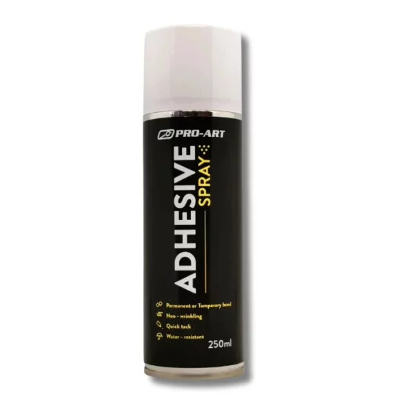 Pro Art Spray Adhesive 250ml. A single can is situated in the center of teh image. The can is black with a white cap and has text printed on the black portion of the can. On a white background.